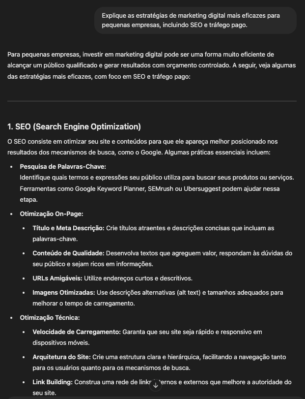 Prompt refinado "Explique as estratégias de marketing digital mais eficazes para pequenas empresas, incluindo SEO e tráfego pago"