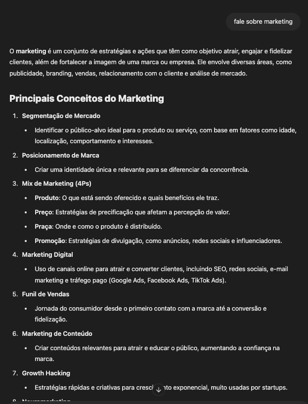Prompt simples "fale sobre marketing"