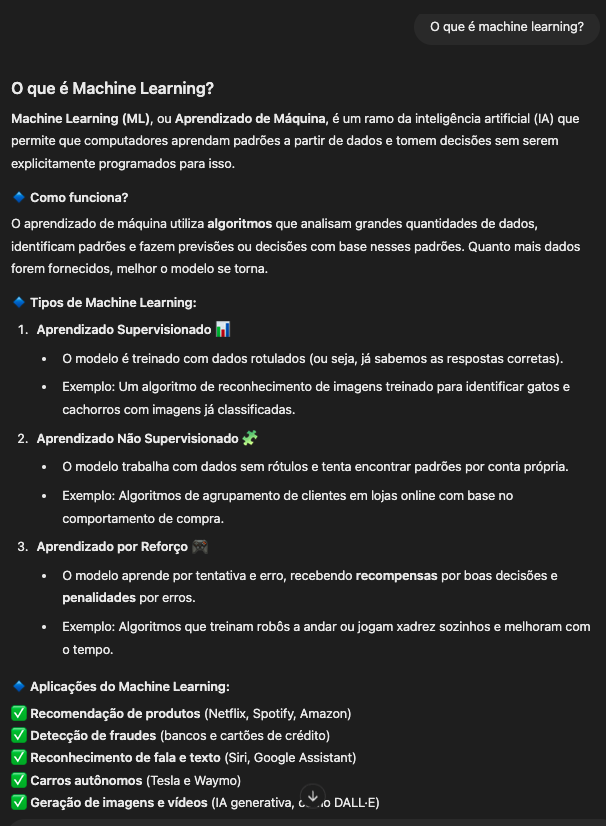 prompt simples "o que é Machine Learning?"